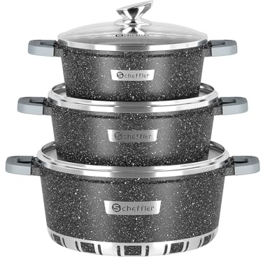 Topfset Scheffler Kochtopf Set Induktion 6-teilig,28/32/36cm Töpfe Set mit Glasdeckel,Antihaftbeschichtung,für alle Herdarten