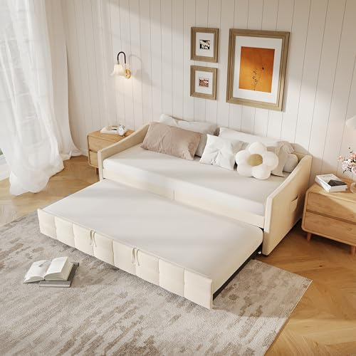 Liuyoyo Polsterbett, Ausziehbares Schlafsofa 90x200 cm mit Lattenrost, Multifunktionsbett aus hautfreundlichem Flanell, Jugendbett, Schlafcouch, ohne Matratze, Creme