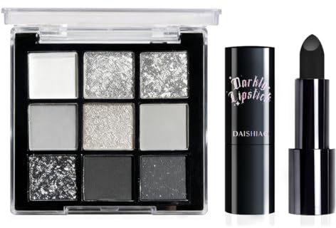 ARYIMYDP Lidschattenpalette & Lippenstift Set, 9-Farben Gothic Makeup Set Mit Schwarz Grau Silber Glitzer, Hochpigmentiert, Lang anhaltend, Wasserdicht Für Karneval Party Cosplay Kunst