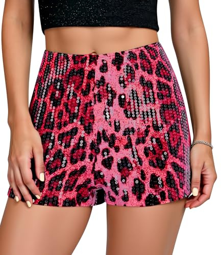 Ausing Damen Kostüm Glitzer Leoparde Hot Pants mit Pailletten Club für Frauen Shorts Kurz Pole Dance Rock Sexy Karnevals Hose Leopard Leoprint Outfit Leoparden Metallic Fuchsien L