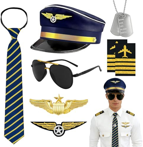 8PCS Flieger Verkleidung Accessoires,Pilot Kapitän Kostüm Zubehör,mit Pilotenmütze Pin Krawatte Abzeichen Schulterriemen Sonnenbrille Halskette,Pilot Kostüm Zubehör,für Karneval Fasching Cosplay