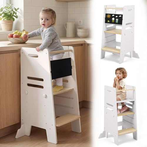 Labebe Tour d Observation Enfant dès 1 an +, Learning Tower Montessori 3 en 1 avec Tableau et Siège, Tour d’Observation Réglable sur 3 Hauteurs, Marchepied de Cuisine Sécurisé en Bois