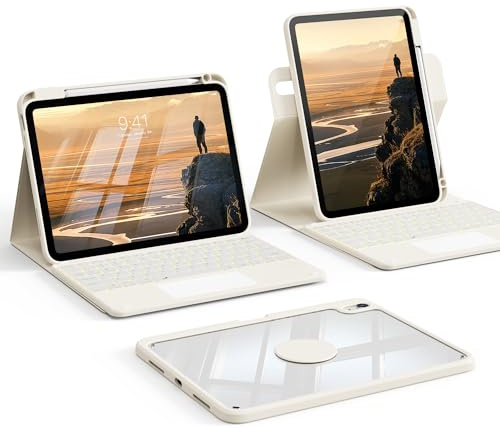 GKABXY Case Keyboard for iPad A16 11th/10th Gene 11/10.9 Inch 2025/2022 | Detachable 360°Rotating Clear Back, Multi-Trackpad & 7-Color Backlit Keyboard, Portrait Mode Usage, Creamy White