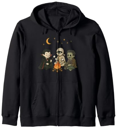Cute Vampire Mummy Zombie Campfire Camping Zip Hoodie