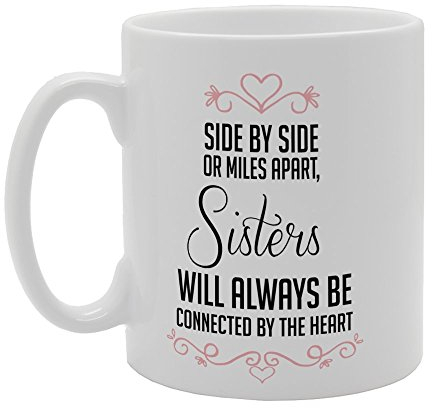 Coralgraph Inc MG3221 Side by Side Or Miles Apart Sisters Will Always Be Connected by The Heart Novelty Gift Printed Tea Coffee Ceramic Mug