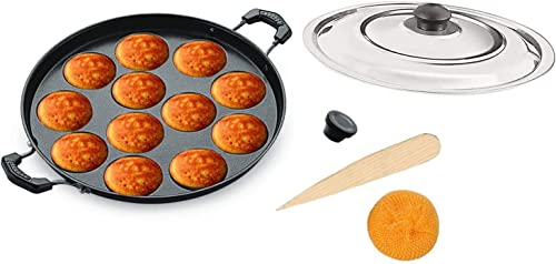 Satre Online And Marketing Non Stick Appam Pan with Steel Lid,12 Pits Appam Maker with Lid, Appa Chetty Paniyaram Pan Patra Tawa Non Stick Set of 1