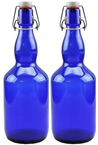 2x blaue Glasflasche 0,75 Liter mit Bügelverschluss aus Porzellan, inkl Beschriftungsetiketten