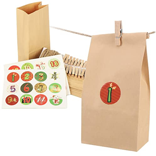 com-four® Adventskalender zum selbst Befüllen - Weihnachtskalender zum Basteln für Kinder - DIY Kalender für Weihnachten (Motivauswahl der Aufkleber variiert!) (Tüten)