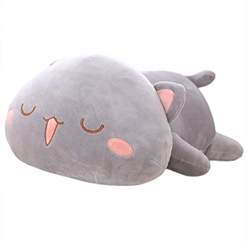 Uposao Katze Plüschtier, 35CM Kawaii Liegend Katze Stofftier Kuscheltier Spielzeug Ausgestopftes Tier Plüschkissen Gefüllt Wurfkissen Plüschpuppe Geschenk für Baby Kinder Mädchen Jungen,Grau,schlafen