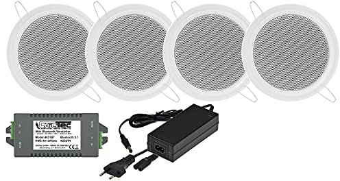 ChiliTec Lautsprecher Set mit Bluetooth Empfänger - 4 Einbaulautsprecher mit Verstärker 120W für Decke & Wand Komplettset mit Netzteil - Streaming von Musik in Küche, Wohnzimmer, Büro