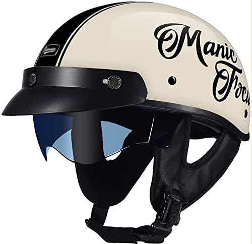 Vintage Motorrad Jethelm,offener Mopedhelm Oldtimer Halbhelme,ECE-Zulassung Halbschale Jet-Helm Roller-Helm Scooter-Helm,mit Visier,für Männer und Frauen Beige,XL