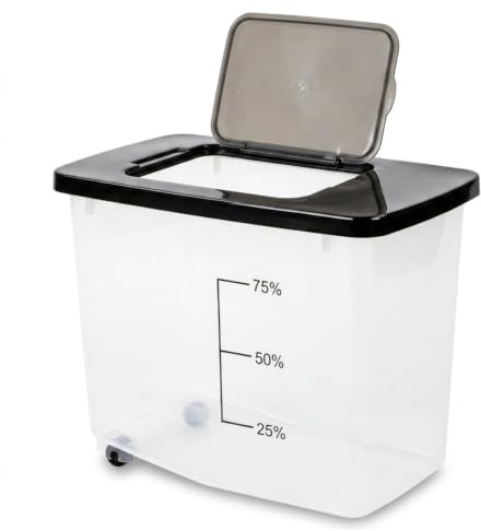 30 Litre Airtight Pet Food Container with Rolling Wheels | Clear Plastic Bin Cat Food Dispenser | Kibble Storage Containers | Transparent Dog Food Container for Dry Food Storage (Black)