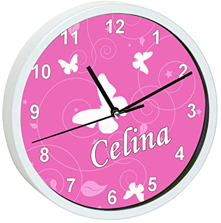 CreaDesign, Wanduhr Kinder personalisiert mit Name, Motiv Schmetterling rosa, Rahmen Wanduhr weiß, Ø 19,5 cm