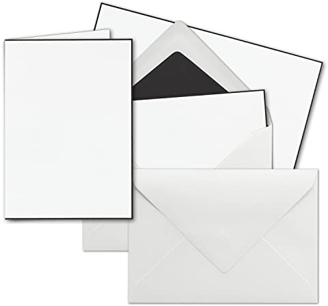 25x Trauerkarten Sets - DIN A6 Doppelkarten mit weißen Umschlägen DIN C6, schwarz gefüttert - Faltkarten mit handgemachtem schwarzen Rand