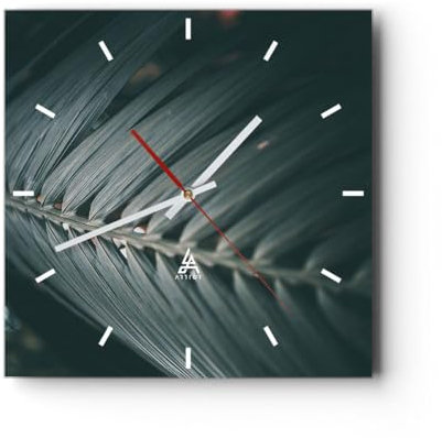 Modern Wanduhr Blatt Palme exotisch 30x30cm Quadrat Klein Wand Uhr Glas Analog Zimmeruhren Küche Büro Wohnzimmer Glasuhr Wall Clock Dekoration Design Wanddekoration Küchenuhr C3AC30x30-4907