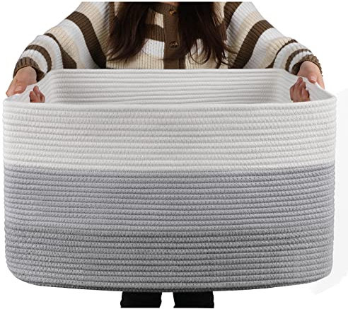 OIAHOMY Grand panier rectangulaire en corde de coton, paniers tissés pour rangement, couverture de chambre d'enfant, salon, panier à jouets avec poignée, paniers en osier pour organisation, 55,9 x