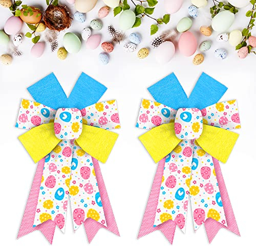 2 Stück Osterkranz Schleifen Ostern Dekor Schleife Osterei Gelb Blau Rosa Sackleinen Schleifen für Kränze, Ostern Band Schleifen Baumspitze Schleifen für Ostern Tag Zuhause Innen Außen Dekoration