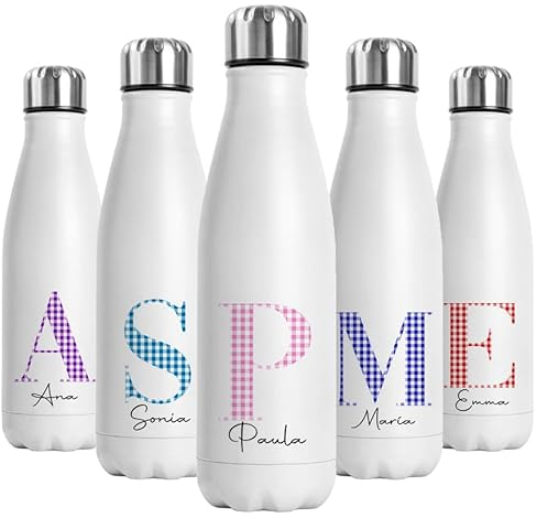 Botella Térmica Personalizada Inicial y Nombre Cuadro Vichy Botellas de Agua Acero Inoxidable Doble Capa 500 ml Bebidas Frias y Calientes