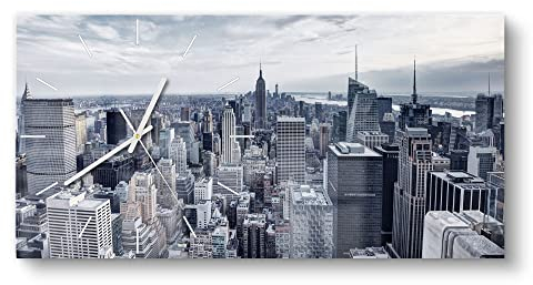 DEQORI Glasuhr | vertikal 60x30 cm | Motiv Blaue Skyline New York | große XXL Design Uhr aus Glas | leise Wanduhr für Wohnzimmer & Küche | Moderne Hingucker Uhr für die Wand