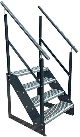 Kaminbau Mierzwa Premium Treppe Anthrazit Freistehend 4 Stufen(Verzinkt) beidseitigem Geländer (Breite 1200 mm) (Höhe 76cm) Wetterfest Gitterroststufe Gartentreppe