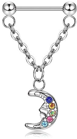 Kakonia Septum Ring Chain Kette für Damen G23 Titan Nasenring Nasenpiercing Ring With Chain Kette Silber Piercing Push In Nasenring Doppelten Ketten Sonne Mond Schmuck