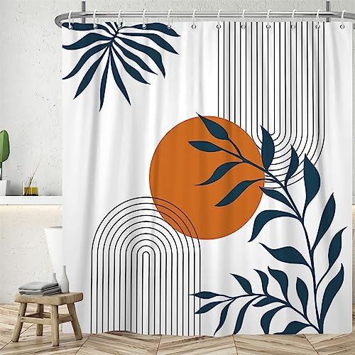 Uiiooazy Rideau Douche Anti Moisissure, Rideau de Douche 180x200cm Abstrait Soleil Terracotta Feuilles Bleu Rideaux de Baignoire Tissu Lavable Imperméable Rideaux Salle de Bain avec 12 Crochets