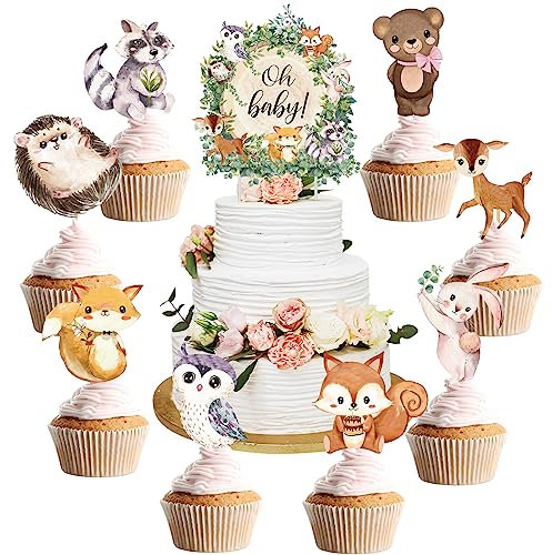 49 Pcs Woodland Cupcake Toppers Floral Leaf Boho Woodland Animal Creatures Cake Toppers for Woodland Baby Shower Party Decor (Leaf Style)