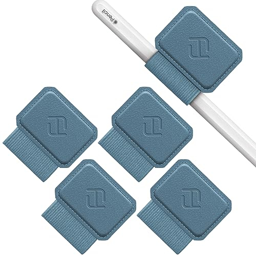 Fintie 4 Stück Stifthalter Selbstklebend für Apple Pencil und Stylus Stift, Elastisch Kunstleder Pen Loop Holder für Notizbuch, Kalender, Tablet, Ordner, Dunstblau