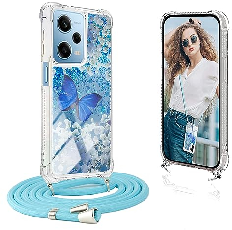 Ptny Handykette für Xiaomi Redmi Note 12 5G Hülle mit Band, Glitzer Treibsand Handyhülle mit Kette,Transparent Stoßfest Schutzhülle Xiaomi Redmi Note 12 5G Handyhülle mit Band