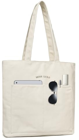 Miss Lulu Women's Tote Bag Canvas Bags, Waterproof and Wear-resistant Tote Bag, Large Capacity School Shoulder Bag, Durable Eco-friendly Bags for Shopping, Schools, Trips, Beige, LH2319 BG