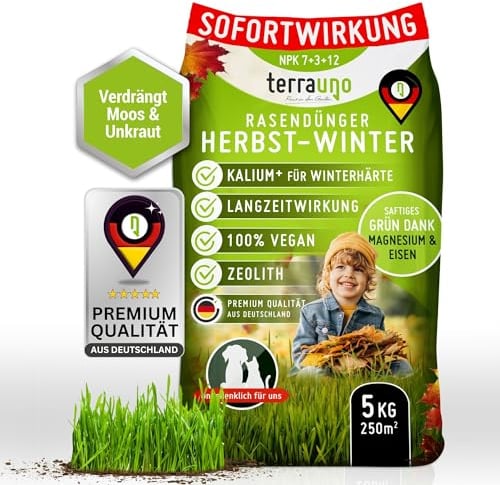 TerraUno Premium Herbstdünger Rasen, Rasendünger Herbst mit 100 Tage Langzeitwirkung, 5 kg für 250 m², Sofortwirkung, gesunder Rasen verdrängt Moos & Unkraut, Herbstrasendünger, extra starkes Grün