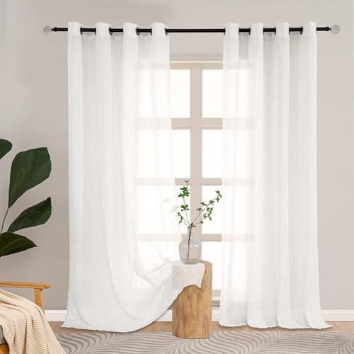 L.Z.E Vorhänge Wohnzimmer Modern Off-White, Gardinen mit Ösen für Schlafzimmer Kinderzimmer, Leinenoptik Transparente Gardinenschals für Balkontür Innen, Landhaus Stil 225 cm Lang, 190g/㎡