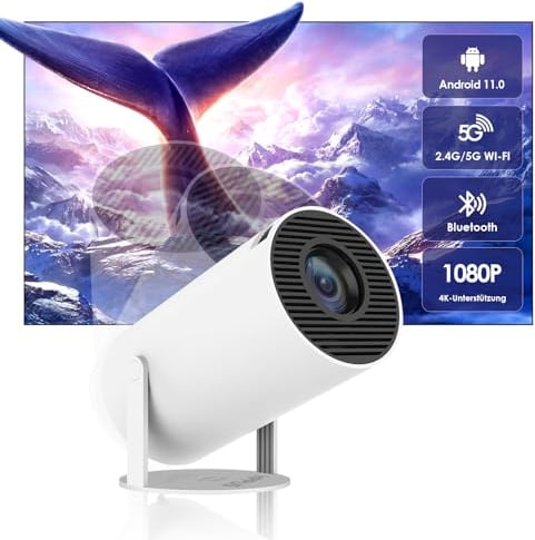 HIPPUS Mini Smart Beamer 4K, 180° Dreh Portable Projector Klein Videoprojektor Handy Android 11.0 mit 2.4 oder 5G WiFi Bluetooth 5.2, Automatischer Keystone-Korrektur Projektor Weiß