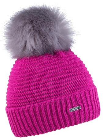 SABBOT Klassisch Damen Mütze mit Pelzbommel, Fleece-Futter, Wintermütze, Strickmuster, Warme Kappe mit Kragen (Rosa)