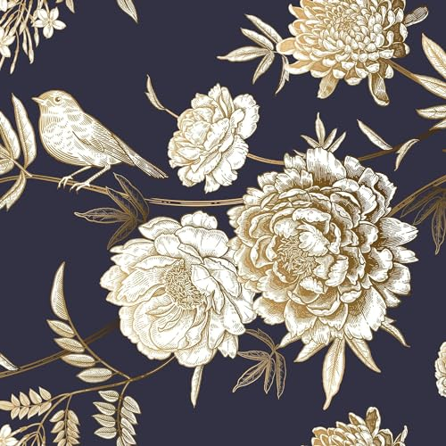 FunStick Black and Gold Wallpaper Living Room Bird Floral Wallpapers Black and Gold Floral Peel and Stick Wallpaper for Bedroom Vintage Garden Sticky Vinyl Wrap for Furniture Flowers Golden 44.5CMx3M