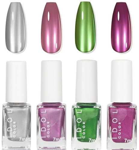 EONFAVE Metallic Nail Polish - Chrome Nail Polish Set - 4PCS Mirror Silver Pink Green Nail Vanish - Quick Drying Bright 3D Metal Painting Metallic Nail Polish - No UV Needed
