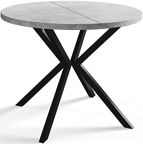 AlpiMeble Runder Esszimmertisch LOFT LITEN, ausziehbarer Tisch Durchmesser: 120 cm/200 cm, Wohnzimmertisch Farbe: Hellgrau, mit Metallbeinen in Farbe Schwarz