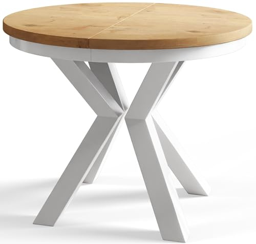 AlpiMeble Runder Esszimmertisch LOFT, ausziehbarer Tisch Durchmesser: 100 cm/180 cm, Wohnzimmertisch Farbe: Hellbraun, mit Metallbeinen in Farbe Weiß