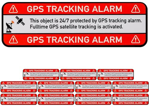 Aufkleber Set GPS TRACKING ALARM!, 12 Stück, 67 x 21 mm, selbstklebende Folie, außenklebend, Warnhinweis Sticker Innen- und Außenbereich, Diebstahl Schutz Klebesticker, Hinweissticker alarmgesichert