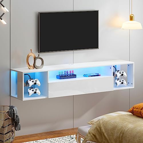 soges Wohnwand, Wohnzimmer Möbel, TV-Möbel zum Aufhängen für Unterhaltungszentrum mit LED-Lichtern, 140 cm, TV-Wandbank, mit Kabelmanagement, Weiß