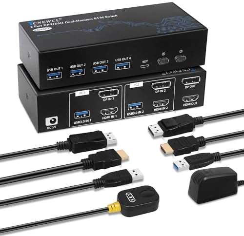 TCNEWCL HDMI Displayport KVM Switch 2 PC 2 Monitor, 8K 60Hz 4K 120Hz, USB 3.0 und Dual Monitor, Support Extended & Copy Mode, mit 2 HDMI+DP+USB Kabeln und Desktop Controller