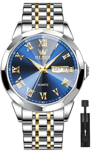 OLEVS Gold Silber Uhren Herren Luxus Wasserdicht Edelstahl Großes Herrenuhren Blau Zifferblatt Analog Herren Günstig Uhr Lässig Leuchtend Römische Zahlen Geschenke Armbanduhr für Männer mit Datum