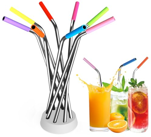 Pailles en acier inoxydable réutilisables et incurvées, set de 8, pailles en métal de 26 cm avec embouts en silicone, sans BPA, écologiques avec 2 brosses de nettoyage, design décoratif 3D