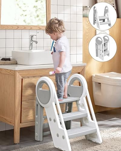 Kid Step Stool Plastic Toddler Step Stool for Kids Three Step Standing Tower for Kitchen/Bathroom/Toilet Potty Training, Learning Helper with Handles and Safety Non-Slip Pads (Grey)