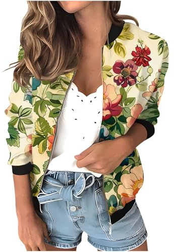 2024 Veste Femme Imprimé Floral Blouson Moto sans Capuche Grande Taille Elegant Casual Manteau Biker Fermeture Éclair Vestes Court Outwear Manche Longue Manteau Jacket avec Poches Automne Hiver