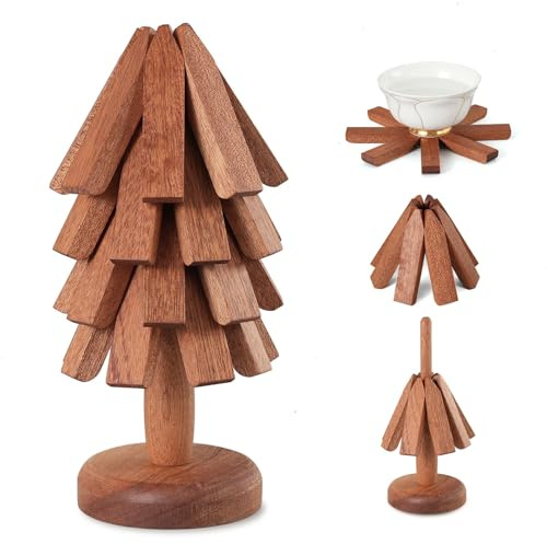 Lambluefly Christmas Tree Coaster Stack, Set of 4 Tree Shape Wooden Tree Coasters Stackable(4 Wooden + 1 Stand), Foldable & Reusable Wooden Trivet Tree Coasters for Hot Pot Holders, Christmas Deco