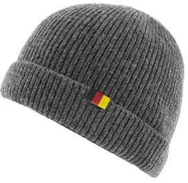 Patriia Mütze mit Deutscher Flagge 100% Merinowolle. Mit handwerklichem Geschick hergestellt. Handgefertigt. Wollmütze Herren. Wollmütze Frauen. Strickmütze (Grau)