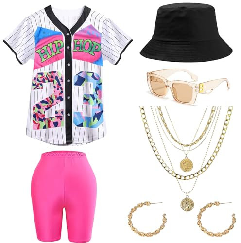 BITOYO 80er 90er Jahre Outfit für Damen, Unisex Hip Hop Baseball Trikot Yoga Leggings Bucket Hat Brille Goldkette Ohrringe 80er Jahre Accessoires für Carnival Weihnachten (M)
