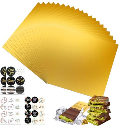 20 Pièces grands emballages en feuille d'aluminium dorée pour barre de chocolat de Dubaï avec autocollants, 25 x 30 cm + 4 autocollants