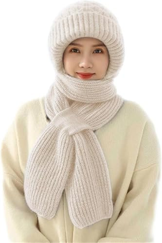 Vmhkjo Integrated Ear Protection Windproof Cap Scarf, Knitting Thickening Hat Winter, Winter Fashion Warm Knitted Hat, 2 in 1 cap scarf women, beige, One size